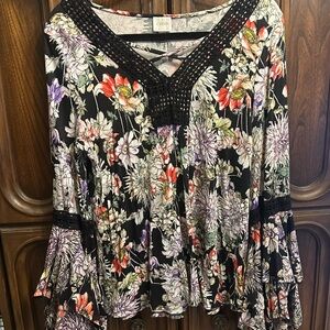 Cupio Floral V-Neck Blouse - Black and Multicolor